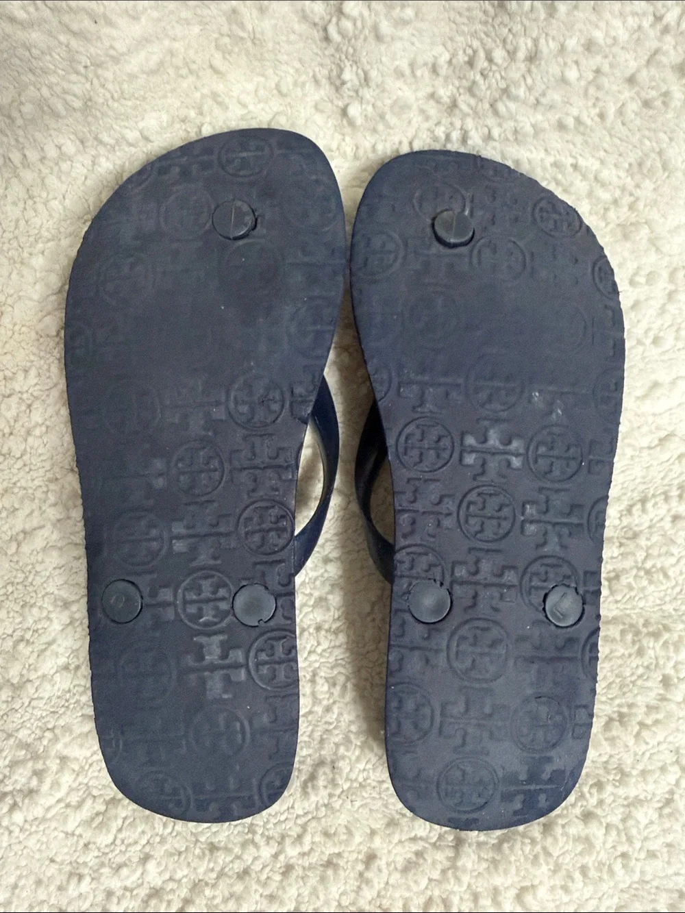 Tory Burch Navy Logo Embossed Flip Flops